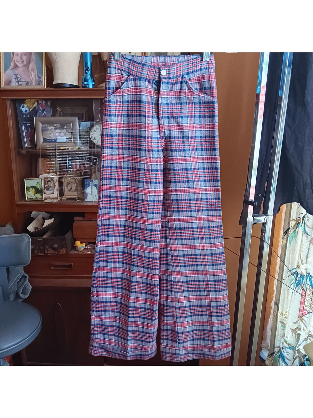 True Vintage Plaid Bellbottom Jeans 22x29 6J Lemon Frog High-Waisted Pants 70s S